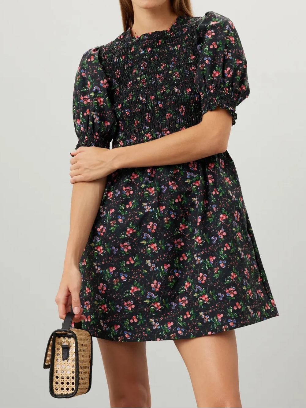 Hill House Home The Nap Dress Vivi Smocked Mini Black Floral Puff Sleeve Dress L